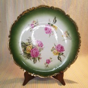 Antique Wheelock Imperial Austria Large Green Roses Plate Handpainted Porcelain